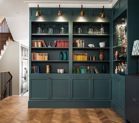 Sustainable Living Room, Teal Interiors, Home Library Rooms, Inchyra Blue, Built In Shelves Living Room, Home Library Design, Country Interior, Living Room Decor Ideas, Built In Bookcase