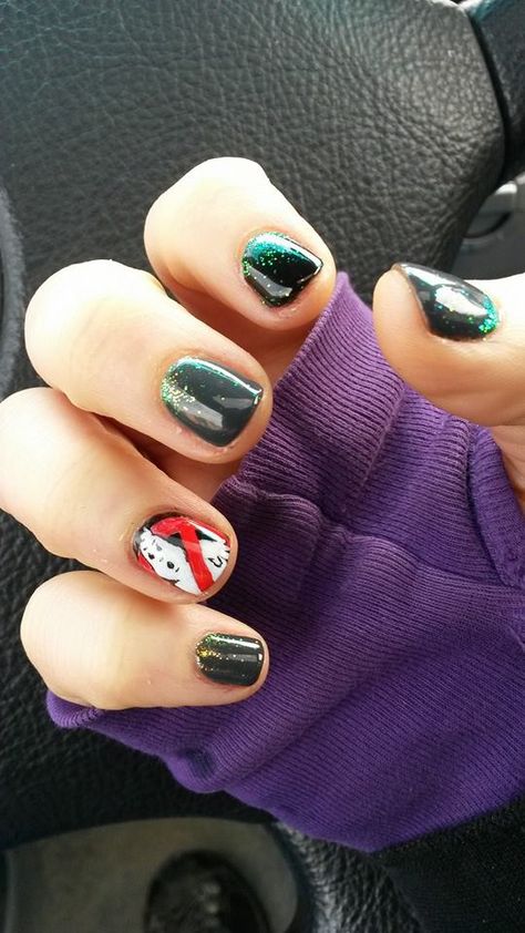 Ghostbuster nails! Ghostbuster Nails, Ghostbusters Nails, Super Mario Ghost, Ghostbuster Costume, Mario Ghost, Vacay Nails, Ghost Nails, Ghostbusters Costume, Themed Nails