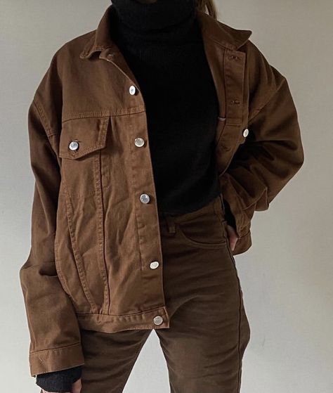 Brown Courdory Outfits, Brown Jacket Outfit, Brown Denim Jacket, Fits Fall, Mocha Mousse, Brown Corduroy Jacket, Jacket Outfit Women, Brown Denim, Outfit Korean