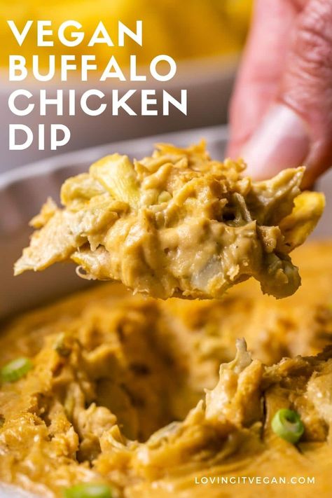 This baked vegan buffalo chicken dip is rich, creamy and so cheesy. It's packed with spicy flavor and makes the perfect crowd pleasing party dip. Vegan Buffalo Chicken Dip, Vegan Buffalo Dip, Vegan Buffalo Chicken, Dairy Free Meals, Healthy Buffalo Chicken Dip, Nora Cooks, Vegan Buffalo Cauliflower, Buffalo Dip, Vegan Appetizers Recipes