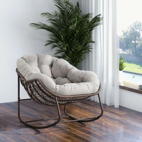 Dakota Fields Lunaire Wicker Outdoor Rocking Chair | Wayfair Front Porch Living, Rocking Chair Pads, Outdoor Wicker Rocking Chairs, Metal Rocking Chair, Rattan Rocking Chair, Rocker Recliner Chair, Upholstered Rocking Chairs, Outdoor Rocking Chair, Porch Living