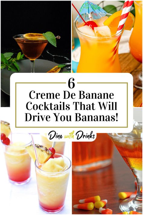 Collage of 4 creme de banane cocktails. Creme De Banana Drink Recipes, Creme De Banana Liqueur Recipes, Banana Cocktail Recipes, Chambord Drinks, Banana Cocktails, Best Mixed Drinks, Alcohol Beverages, Cocoa Drink, Rum Cream