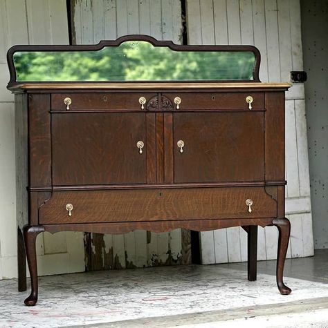 Vintage Buffet With Mirror and Antiqued Top. I restored the original finish and gave the top an antiqued paint finish. Antique Sideboard Mirror, Antique Buffet With Mirror, Antique Buffet Makeover, Antique Buffet Table, Buffet With Mirror, Mirror Redo, Mirror Buffet, Sideboard With Mirror, Antique Sideboard Buffet