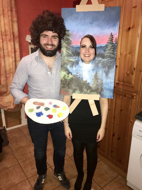 Bob Ross Painting Costume, Bob Ross Party Decorations, Bob Ross Halloween Costume Couple, Bob Ross And Painting Costume, Bob Ross Couple Costume, 80s Fancy Dress Couples, Halloween Pair Costumes, Bob Ross Halloween Costume, Couples Costume Halloween