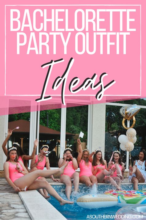 The best bachelorette party outfit ideas for every type of celebration! From matching bachelorette pajamas to bachelorette party swimsuits, there's something for everyone. #bacheloretteparty #bachelorettepartyinspiration #bachelorettepartyoutfits #bachelorettepartypajamas #bachelorettepartyswimsuits #poolbacheloretteparty #pajamabacheloretteparty #bachpartyoutfits #bachelorettepartyshirts Bachelorette Trip Outfits, Bachelorette Party Outfit Ideas, Bachelorette Pajamas, Bachelorette Matching, Bachelorette Party Unique, Planning A Bachelorette Party, Bachelorette Pool Party, Spa Getaways, Bachelorette Vacation