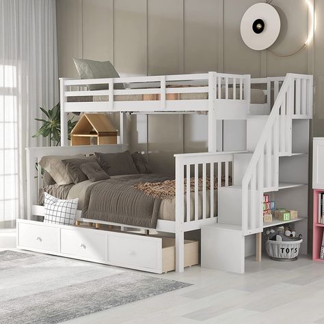 Bunks With Storage, Grey And White Kids Bedroom Bunk Bed, Double Bunk Bed With Drawers, Bunk Bed With Storage Steps, Bunk Bed Twin Over Full, Unique Bunk Beds, Stairway Bunk Beds, Bunk Bed With Stairs, Bunk Bed Twin