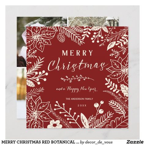 MERRY CHRISTMAS RED BOTANICAL SQUARE PHOTO COLLAGE HOLIDAY CARD Christmas Cards Elegant, Happy Holidays Card Design, Photo Xmas Cards, Red Christmas Cards, Classic Christmas Card, Red Christmas Card, Botanical Frame, Photo Layout, Square Photo