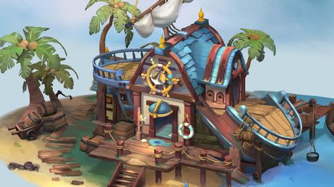 Pirate House, Beach House Concept Art, Pirate Cabin Concept Art, Pirate Island Concept Art, Fisherman House Concept Art, 3d Pirate Ship, Pirate Island, Sea Of Thieves, House Games