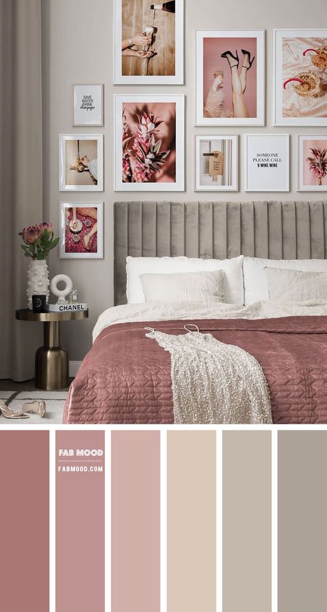 Cinnamon Rose and Metal Colour Scheme For Bedroom. Rosey pink bedroom, metal bedroom, grey and rosey pink bedroom decor, feminine bedroom Dust Rose Bedroom Ideas, Greige And Pink Bedroom, Bedroom Decor Palette, Dark Rose Bedroom Ideas, Blush Rose Bedroom, Woodrose Bedroom, Beige Gray And Pink Bedroom, Colour Palette Room Bedrooms, Colour Themes For House