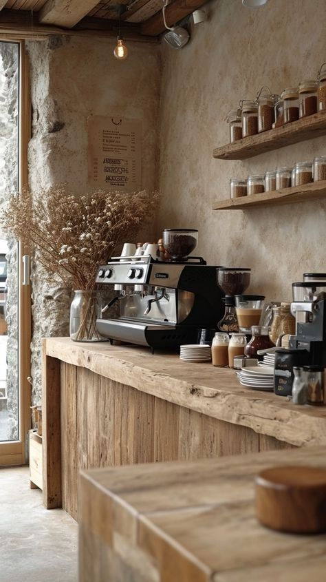 Rustic Kitchen Interior, Rustic Shop Interiors, Neutral Coffee Shop, Coffee Shop Rustic, Rustic Coffee Bar Ideas, Farm Coffee Shop, Cafe Style Kitchen, European Coffee Shop, Rustic Cafe Interior