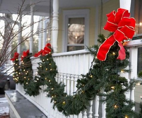 #DIY #Outdoor #Christmas #decorations Classic garland and red bow Easy Outdoor Christmas Decorations, Outdoor Christmas Diy, Diy Christmas Lights, Beautiful Christmas Decorations, Christmas Porch Decor, Outdoor Christmas Lights, Pretty Christmas, Front Porch Christmas Decor, Christmas Porch