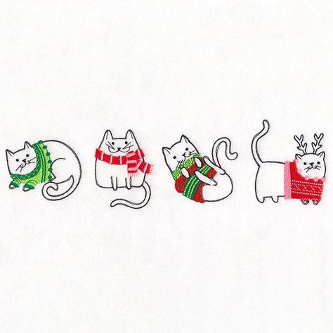 Have a very meowy Christmas with a border of cats dressed in festive scarves and sweaters. The white areas of this machine embroidery design are open to fabric. Embroider tea towels, pillows, shirts, and more using white fabric for best results. Embroider Tea Towels, Cats In Sweaters, Festival Scarves, Freestanding Lace Embroidery, Urban Threads, Holiday Flower, Meowy Christmas, Cat Dresses, Applique Embroidery Designs