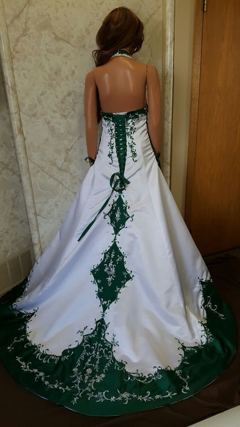 white and emerald green side corset wedding gown White Halter Wedding Dress, Emerald Wedding Dresses, Emerald Green Wedding Dress, Halter Top Wedding Dress, Green And White Dress, Green And White Wedding, Dark Green Wedding, Easter Dresses For Toddlers, Green Wedding Dresses