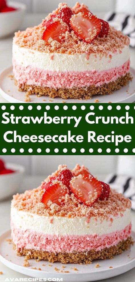 Craving a delightful dessert? This Strawberry Crunch Cheesecake Recipe is a delicious treat that combines creamy cheesecake with a crunchy topping, making it a perfect sweet indulgence for family gatherings or special occasions. Strawberry Crunch Cheesecake, Crunch Cheesecake, Strawberry Crunch Cake, Rich Cheesecake, Strawberry Crunch, Crunch Recipe, Strawberry Things, Classic Cookies Recipes, Baked Strawberries