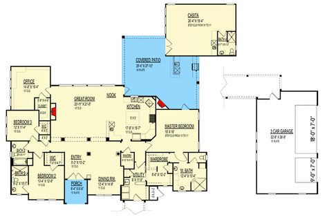 This one-story  Transitional house plan  gives you 4 beds, 4 baths and 3523 square feet of heated living space. A separate apartment / casita / in-law apartment is located off the outdoor living room and offers someone independent living. Architectural Designs' primary focus is to make the process of finding and buying house plans more convenient for those interested in constructing new homes - single family and multi-family ones - as well as garages, pool houses and even sheds and backyard offices.  Our website offers a vast collection of home designs, encompassing various architectural styles, sizes, and features, which can be customized to meet specific needs and preferences. We curate and add to our design portfolio every day as we work with hundreds of residential build Next Gen House Plans Single Story, House Plans Inlaw Suite, Multiple Generation House Plans, Multi Generational House Plans In Laws, Multigenerational House Plans In Laws One Story, House With Mother In Law House, House Plans With In Law Suite, House Plans With In Law Suite One Story, Multigenerational House Plans In Laws