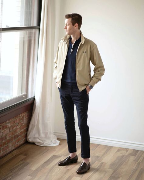 Harrington Jacket Outfit, Steve Mcqueen Jacket, Harrington Jacket Men, Man Trousers, Date Night At Home, Mens Work Outfits, Mens Business Casual Outfits, Night At Home, Harrington Jacket