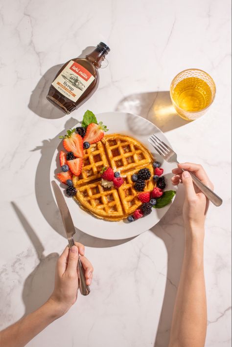 Waffle with berries, maple syrup, apple juice and a hand model holding a fork and knife Harsh Light Food Photography, Waffle Food Photography, Natural Light Food Photography, Light Food Photography, Film Moodboard, Harsh Lighting, Utah Food, Food Videography, Light Food