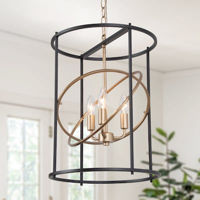 Shop LNC Mania 3-Light Matte Black and Gold Lantern Modern/Contemporary Cage Chandelierundefined at Lowe's.com. This 3-light black and gold lantern modern chandelier lighting has a linear and geometric design, paired with two rounds, reflecting the modern and elegant Black And Gold Chandelier, Modern Gold Chandelier, Candlestick Chandelier, Modern Lanterns, Cage Chandelier, Modern Lighting Chandeliers, Drum Pendant Lighting, Lantern Pendant Lighting, Cage Pendant Light