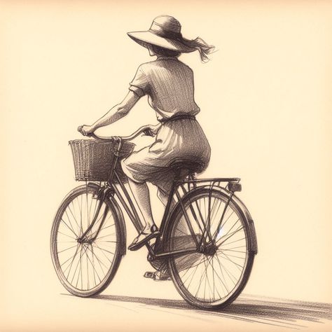 A pencil sketch of a woman riding a bicycle with a hat Cycle Sketch, For Drawing, Bicycle Drawing, Cycle Drawing, Stamp Drawing, Bike Drawing, Bike Sketch, Riding A Bicycle, Sketching Ideas