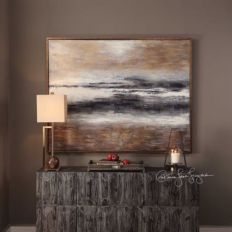 Potential artwork for LR.  Wholesale Uttermost Accent Furniture, Mirrors, Wall Decor, Clocks, Lamps, Art | Uttermost Uttermost Wall Art, Uttermost Furniture, Unique Bedroom, Upscale Furniture, Sideboard Console, Shades Of Gold, Accent Cabinet, Painted Canvas, Rustic Signs