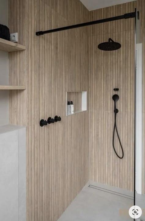 TREND ALERT: Wood Tile on Walls - Beneath My Heart Wooden Tile Bathroom Ideas, Wood Like Shower Tile, Cladding Bathroom Ideas, Small Bathroom Wood Tile, Wood Effect Tiles Bathroom Showers, Wood Effect Shower Panel, Shower Tile Wainscoting, Wood Effect Shower Tiles, Modern Shower Stall Tile Ideas