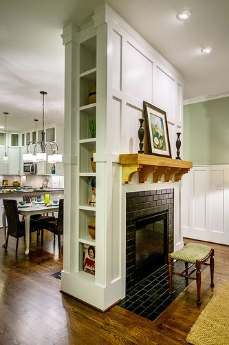 Built-Ins Between Two-Sided Fireplace Kitchen Design With Fireplace, Fireplace In The Middle Of The Room, Stone Bookshelf, Fireplace In Middle Of Room, Fireplace Styles, Built In Bookshelves, Simple Fireplace, Two Sided Fireplace, Dream Farmhouse