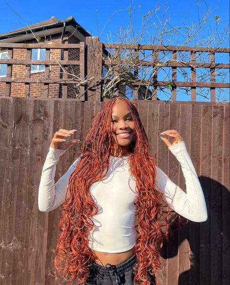 French Curl Braids Hairstyles, Ginger Body Wave, Box Braids Goddess, Ginger Aesthetic, Hair Theory, Deep Wave Crochet Hair, French Curl Braids, Boho Box Braids, Ginger Braids