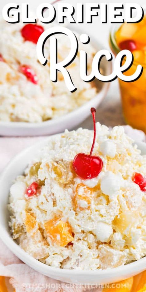 bowls of Glorified Rice with a title Heavenly Rice Recipe Desserts, Glorified Rice Recipes Cool Whip, Sweet White Rice Recipes, Heavenly Rice Recipe, Glorified Rice Old Fashioned, Glorified Rice Recipes, Heavenly Rice, Mini Marshmallows Recipes, Glorified Rice