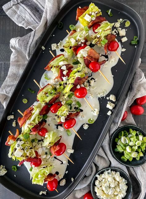 Wedge Salad on a Stick Salad On Stick, Wedge Salad On A Stick, Wedge Salad Appetizer, Wedge Salad Skewers, Mini Wedge Salad, Piyo Meal Plan, Salad On A Stick, Lettuce Wedge, Cheese Salad Dressing