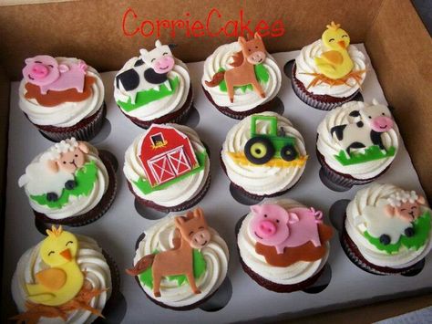 Farm cupcakes Barnyard Cake, Farm Animal Cupcakes, Barnyard Theme, Farm Animal Cakes, Vintage Cupcakes, Barnyard Birthday Party, Farm Theme Birthday, Farm Animal Party, Farm Animals Birthday Party