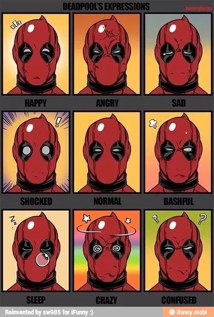 All Deadpool's expressions hahaha Mask Expressions, Deadpool Sona, Spiderman Expressions, Spiderman Mask Expressions, Deadpool Expressions, Deadpool Funny Comics, Deadpool Animated, Funny Deadpool, Deadpool Images