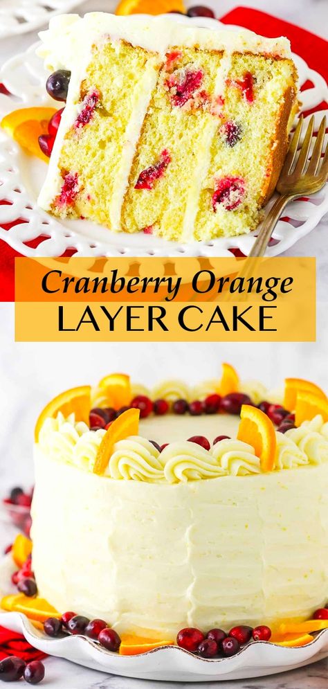 This Cranberry Orange Layer Cake is tender, fluffy and full of flavor! It’s a wonderful mix of sweet and tart and such a festive cake for the holidays! Cranberry Dessert Recipes, Orange Cranberry Cake, Dessert Recipes Christmas, Cranberry Desserts, Cranberry Recipes Dessert, Cranberry Cake Recipe, Orange Layer Cake, Easy Holiday Desserts Christmas, Christmas Baking Ideas