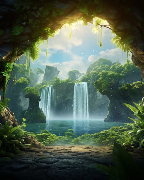 Magical Island Art, Fantasy Nature Landscape, Tropical Fantasy Art, Jungle Concept Art, Fantasy Islands, Jungle Kingdom, Anime Jungle, Fantasy Jungle, Magic Jungle