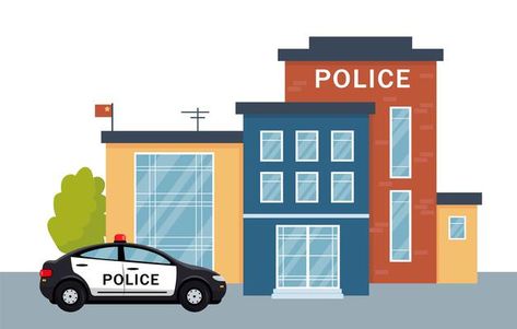 Police Station Drawing, Police Station Cartoon, Police Cartoon, Building Clipart, Building Cartoon, Places In The Community, Kindergarten Drawing, Office Cartoon, Kantor Pos