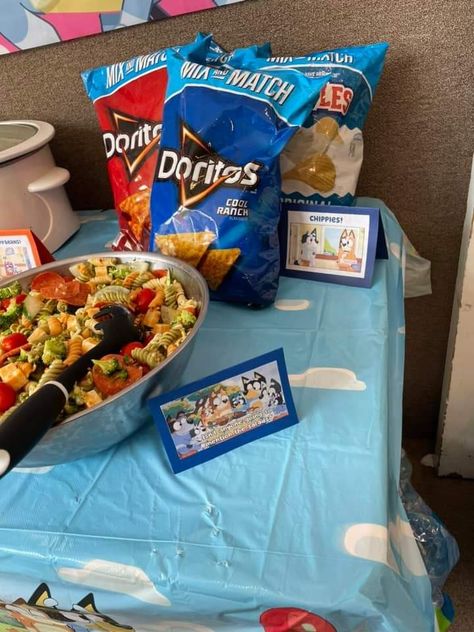 Bluey Theme Food, Bluey Birthday Party Ideas Games, Bluey Snacks For Party, Bluey Birthday Party Ideas 2nd, Bluey Party Food Ideas, Bluey Themed Food, Bluey Food Ideas Party, Bluey Food Ideas, Bluey Themed Food Ideas