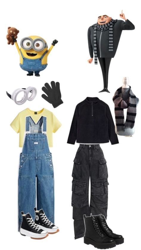 Costume Halloween Duo, Diy Minion Costume, Halloween Costume Ideas Trio, Minion Outfit, Halloween Costume Ideas For Duos, Costume Ideas For Duos, Trio Halloween Costume Ideas, Trio Halloween Costume, Minion Halloween