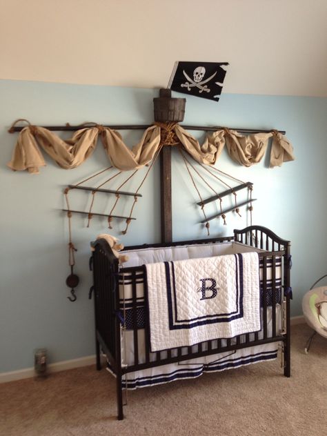 Our son's Classy nautical pirate themed nursery! Completely made by my husband and me! Pirate Bedroom Decor, Baby Boy Nursery Room Design, Pirate Room Decor, Pirate Nursery, Neverland Nursery, Pirate Bedroom, Nursery Ideas Boy, Nautical Nursery Boy, Casa Disney