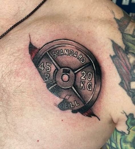 Weight Plate Tattoo, Barbell Tattoos, Dumbell Tattoo, Weight Lifting Tattoos, Powerlifting Tattoo, Lifting Tattoos, Gym Tattoo Ideas, Weightlifting Tattoo, Dumbbell Tattoo