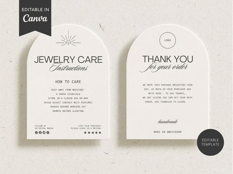 Editable Jewelry Care Card Template With Business Thank You Card, Printable Jewellery Care Card Insert, Minimalist Care Card, Add Your Logo - Etsy #logo #streetwear #love🍩 Thank You Cards Jewelry Business, Jewelry Business Vision Board, Packaging Insert Card, Thank You Card Jewellery Business, Jewelry Cards Design, Jewelry Card Design Packaging Ideas, Jewellery Thank You Card, Jewelry Care Card Template, Jewelry Business Cards Ideas