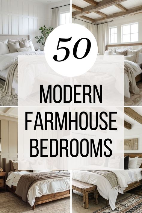 Dive into the charm of modern farmhouse style with our collection of 50 stunning bedroom designs! Whether you're revamping your master suite or sprucing up a small or large space, find endless inspiration and practical design ideas. Explore a variety of curtains, furniture arrangements, soothing paint colors, wall decor, cozy bedding, and elegant lighting to create your perfect retreat. Perfect for anyone looking to infuse a cozy, rustic vibe into their home. Bedroom Design Wood Furniture, Farmstyle Master Bedrooms, Beautiful Farmhouse Bedrooms, Guest Bedroom Ideas White Furniture, Wainscoting Bedroom Master Farmhouse Modern, What Furniture To Put In Bedroom, Neutral Boho Bedroom Decorating Ideas, Farmhouse Bedroom Ideas Master Suite Shiplap, Farmhouse Modern Bedroom Ideas