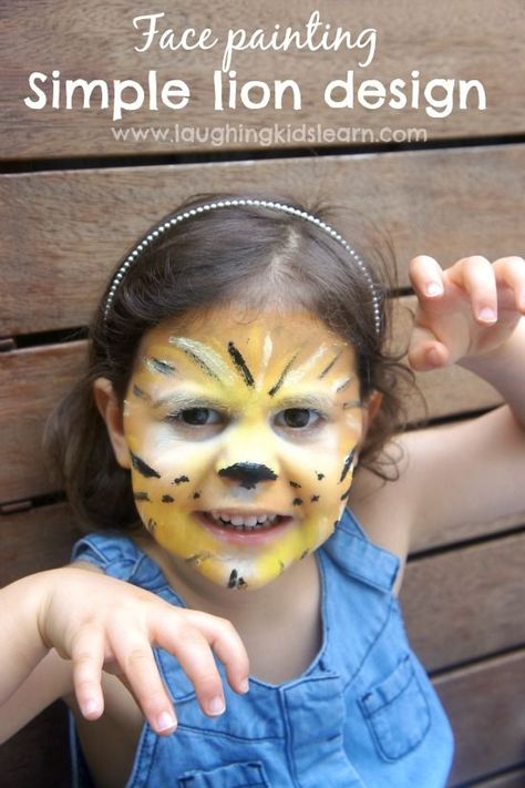 Simple face painting design of a lion that is easy to do. Kids will love imaginative play and roaring like a lion. - Laughing Kids Learn Lion Face Paint Easy, Facepainting Ideas Easy, Simple Face Painting, Lion Face Paint, Basic Colours, Daniel And The Lions, Recipes Using Bananas, Material Ideas, Face Painting Easy