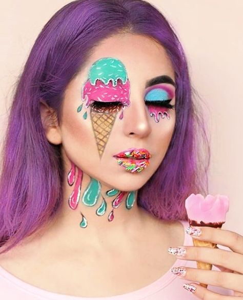 Face Painting Ice Cream, Ice Cream Face Painting, Ice Cream Eye Makeup, Ice Cream Make Up, Ice Cream Face Paint, Ice Cream Makeup Looks, Candy Makeup Ideas, Candy Face Paint, Mermaid Makeup Halloween