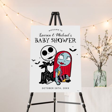 Jack Skellington & Sally Baby Shower Welcome editable template Baby Shower Nightmare Before Christmas Decor, Nightmare Before Christmas Gender Reveal, Nightmare Before Christmas Baby Shower Ideas, Nightmare Before Christmas Babyshower, Nightmare Before Christmas Baby, Shower Baskets, Christmas Gender Reveal, Baby Shower Balloon Arch, Halloween Baby Shower Theme