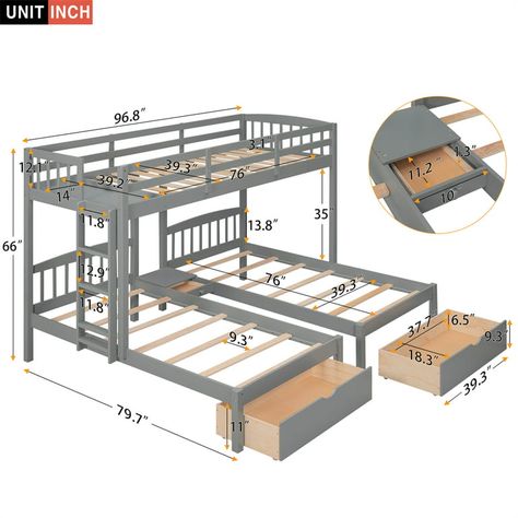 Wood Bunk Bed for 3, Triple Bed Bunk Bed with Two Drawers and Built-in Middle Drawer, Twin Over Twin & Twin Bunk Bed Frame with Safety Guardrail and Ladder for Kids Teens Adults, Gray - Walmart.com Twin Size Beds, 3 Bunk Beds, Three Beds, Triple Bed, Triple Bunk Beds, Bedroom Makeovers, Triple Bunk Bed, Triple Bunk, Bunk Beds With Drawers