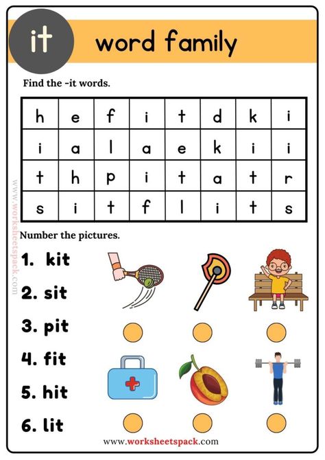 It Word Family Word Search Puzzle - Printable and Online Worksheets Pack Word Family It Worksheets, It Words Worksheets, It Word Family Worksheet, It Word Family Activities, It Family Words Worksheets, In Family Words Worksheets, It Family Words, It Word Family, Reading Preschool