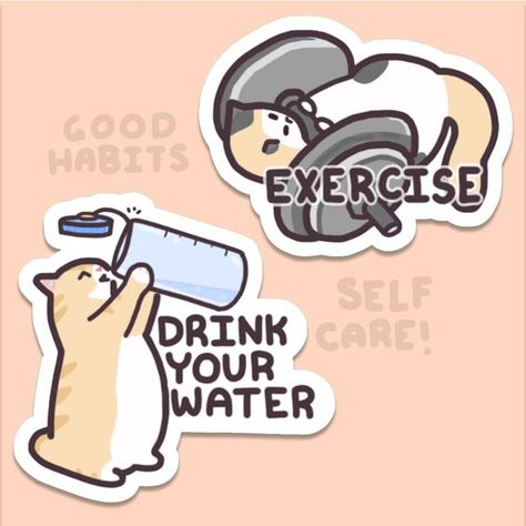 Self Care Cat Stickers - Drink Water Cat Sticker and Exercise Cat | Cute Water-Bottle S #StickerCraft Drink Water Sticker, Panda Illustration, Buy Stickers, Cat Drawings, Cute Water Bottles, Unicorn Stickers, Cat Drinking, Creative Gardening, Cat Cute