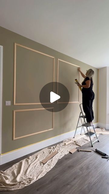 Haylie 💗 on Instagram: "DOING MY THING!
All in a days work ☺️

Here a feature wall I did this week for @kerrygrainge 
This style was perfect for her Lounge 

Colour - french gray by F&B 
Pine cover moulding - @bpsbuildit 

_______________________________________________
#panelling #panellingfeaturewall #featurewall #lounge #panellingideas #panellingstyle #frenchgray #femaletrader #womendodiy #reelsinstagram #shecan #homeinteriors #decorator" French Moulding Living Room, French Style Panelling, Living Room With Molding On Walls, Panelling In Lounge, Lounge Room Feature Wall, Lounge Paneling, Living Room With Wall Panelling, Panelling For Living Room, Lounge Panelling Ideas