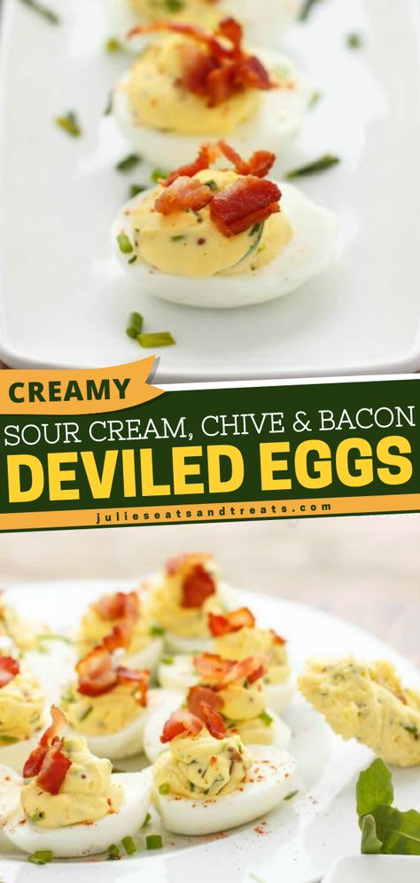 Sour Cream, Chive, and Bacon Deviled Eggs Recipe Sour Cream Deviled Eggs, Deviled Eggs With Candied Bacon, Deviled Eggs Sour Cream, Deviled Eggs With Sour Cream, Best Deviled Egg Recipe Ever, Creamy Deviled Eggs, Bacon Deviled Eggs Recipe, Easter Side Dish, Deviled Eggs With Bacon