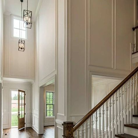 Wall Molding Tall Wall, Foyer Wall Trim Entryway, Tall Wall Trim Moulding, Fireplace Wall Trim Ideas Moldings, 2 Story Family Room Wall Molding, Tall Ceiling Molding, Two Story Wall Trim, Tall Ceiling Wainscotting, Wall Moulding With Windows