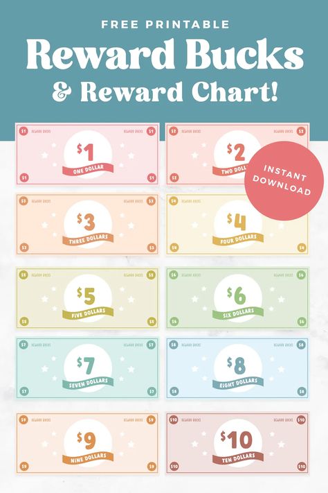 These free printable reward bucks for kids are a great way to reward your child for their daily tasks or in class assignments! They can redeem these for prizes, fun outings and more. Kids Reward System, Reward Bucks, Reward System For Kids, Printable Reward Charts, Kids Rewards, Kids Help, Reward System, Daily Task, Reward Chart